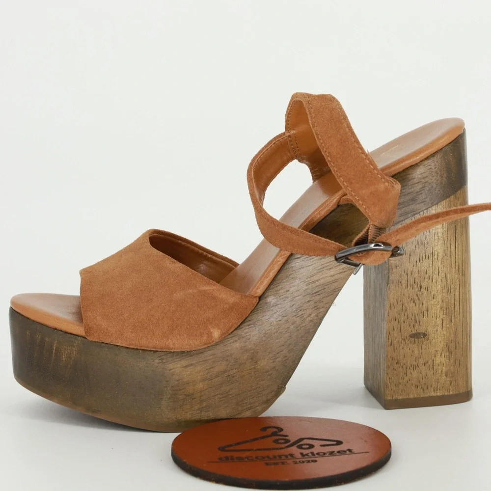 Lulus Lolita Leather Cognac Suede Wooden Platform Heels Size 8 Chunky Retro Boho